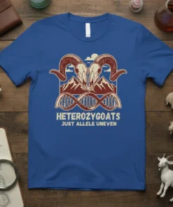 HETEROZYGOATS JUST ALLELE UNEVEN t-shirt design with goat skulls, DNA, and mountains