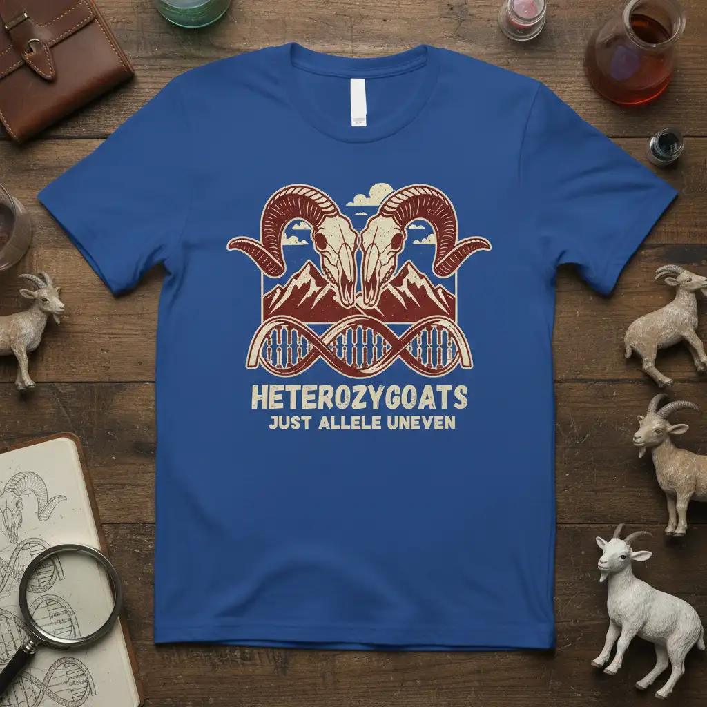 HETEROZYGOATS JUST ALLELE UNEVEN science pun t-shirt featuring goat skulls and DNA helix