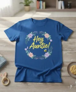 Blue t-shirt with "Hey Auntie!" text in yellow cursive, surrounded by a floral wreath with bees and butterflies