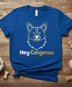 Blue t-shirt with "Hey Corgeous" text and a white and gold corgi illustration, perfect for corgi lovers