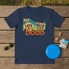 Hey DOOD t-shirt design with two cartoon dogs wearing sunglasses and colorful wavy lines