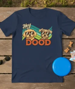 Hey DOOD t-shirt design with two cartoon dogs wearing sunglasses and colorful wavy lines