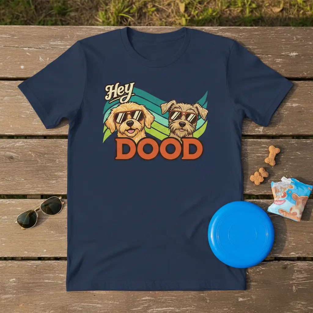 Hey DOOD text and cartoon dogs wearing sunglasses on a navy blue t-shirt design