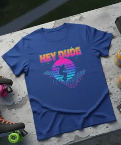 Blue t-shirt with "Hey Dude" text and a silhouette of a surfer on a retro grid wave, featuring vibrant sunset