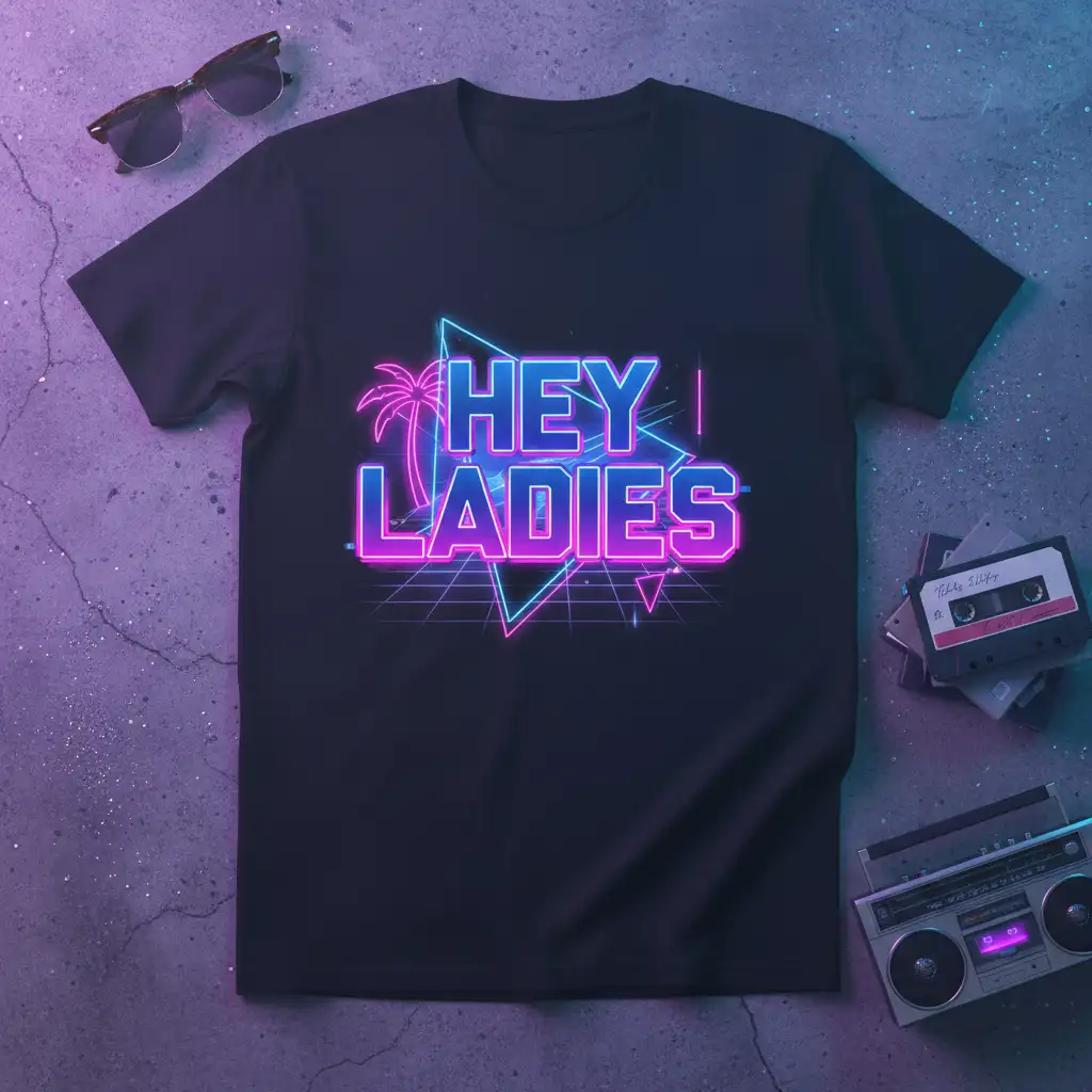 HEY LADIES text in vibrant neon pink and blue with a retro palm tree and grid design on a black tee