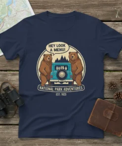 National Park Adventures T-Shirt with "Hey Look A Menu!" text, two bears, and a vintage SUV graphic