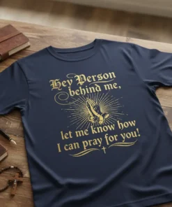 Christian t-shirt with gold text "Hey Person behind me, let me know how I can pray for you!" and praying