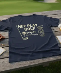 Navy t-shirt with "HEY PLAY GOLF golfer swing everyday" text, golf club, ball, and golf bag graphic