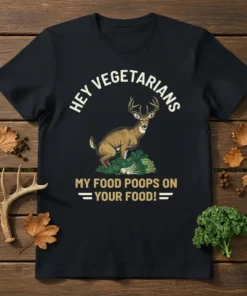 Deer standing on vegetables with text "Hey Vegetarians My Food Poops On Your Food!" on a black t-shirt
