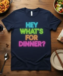 HEY WHAT'S FOR DINNER? text in neon colors on a navy t-shirt, with food items surrounding it