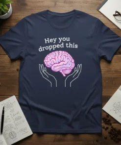 Hey you dropped this text with a pink and purple brain held by white hands graphic on a navy blue