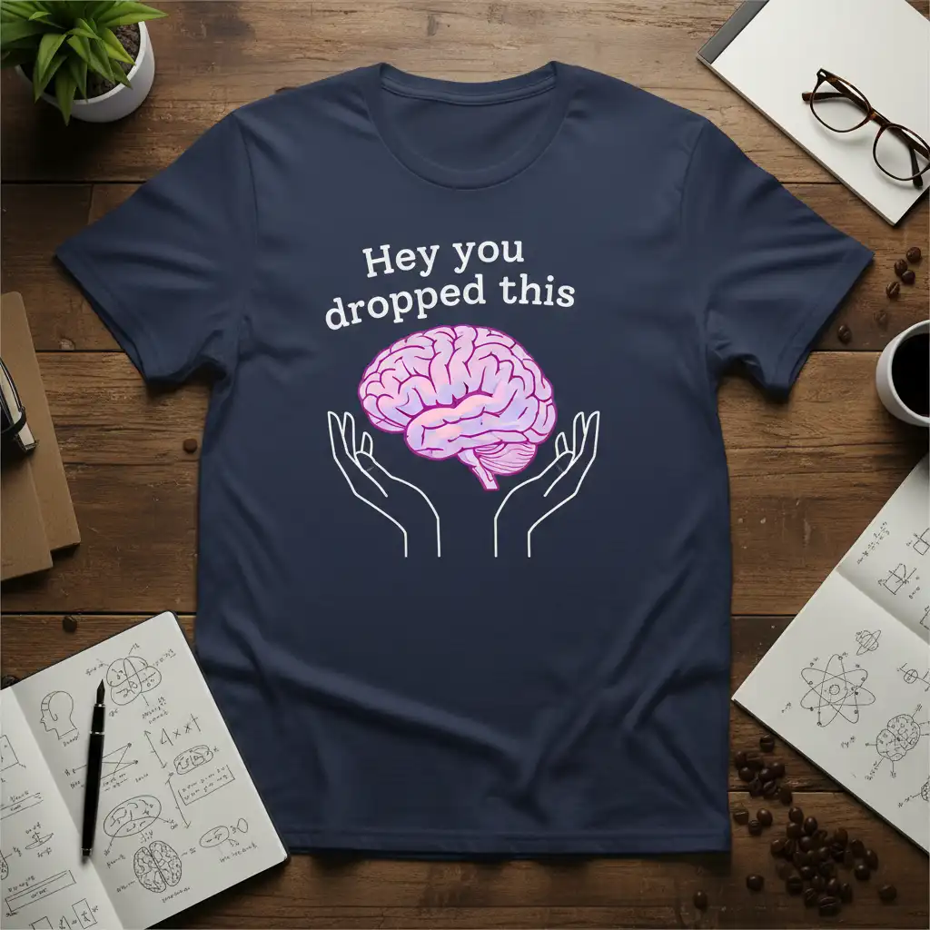 Hey you dropped this quote with a pink brain graphic on a dark blue t-shirt design