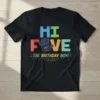 Colorful "HI FIVE THE BIRTHDAY BOY!" text with a galaxy-filled hand graphic on a black t-shirt for a 5th birthday
