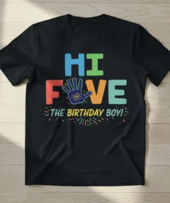 Colorful "HI FIVE THE BIRTHDAY BOY!" text with a galaxy-filled hand graphic on a black t-shirt for a 5th birthday