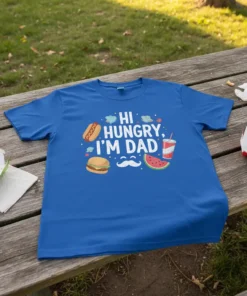 Blue t-shirt with white text "HI HUNGRY, I'M DAD" and graphics of a hot dog, burger, watermelon, and soda
