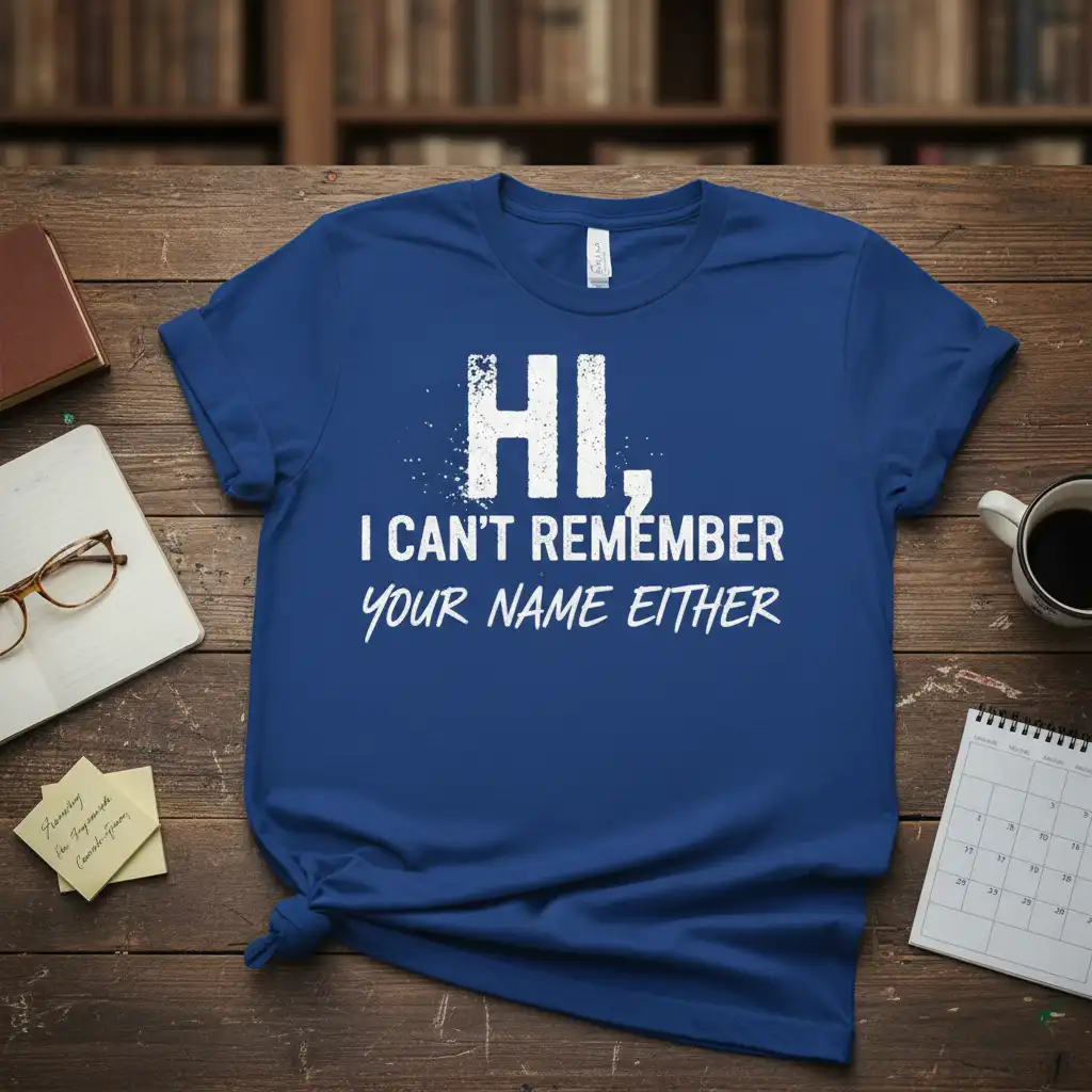 HI, I Can't Remember Your Name Either distressed text on a blue t-shirt for introverts