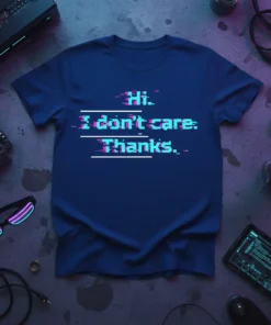 Navy blue t-shirt with "Hi. I don't care. Thanks." text in a glitchy pink and cyan font