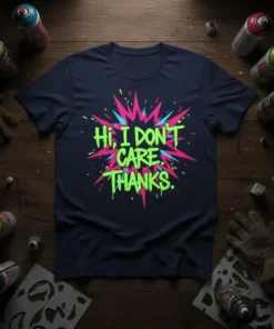 Neon green and pink "Hi, I DON'T CARE. THANKS." text graphic on a navy t-shirt