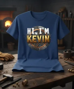 Navy blue t-shirt with "HI, I'M KEVIN" text in white and gold, set within a circular gear and rivet design