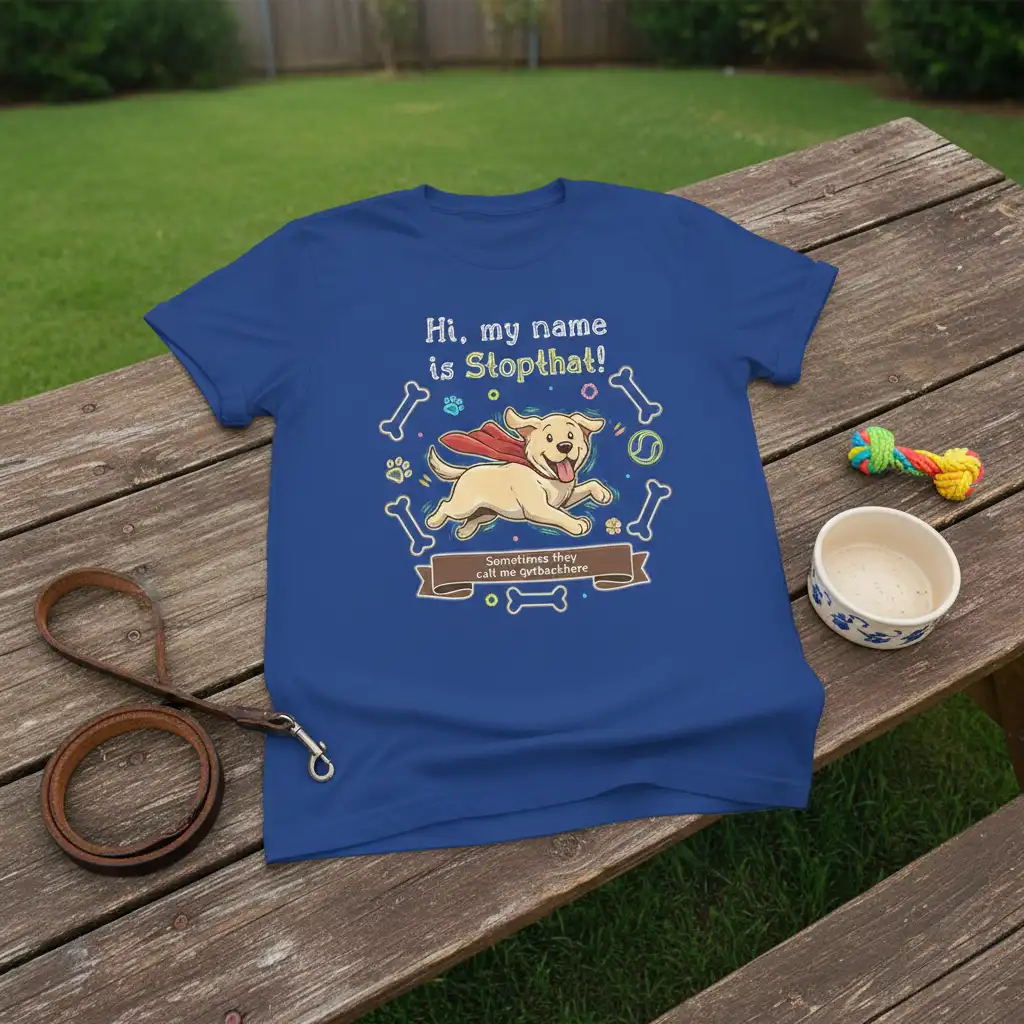 Hi, my name is Stopthat! Sometimes they call me qvtbackhere quote on a blue t-shirt with a running dog graphic