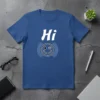 Blue t-shirt with white text "Hi" and a winking smiley face graphic with radiating lines