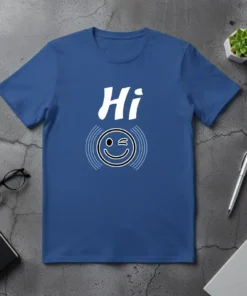 Blue t-shirt with white text "Hi" and a winking smiley face graphic with radiating lines