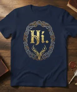Navy t-shirt featuring the text "Hi." inside a gold and silver Celtic knot border with a deer graphic below