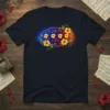 Hibiscus Music Design T-Shirt featuring yellow flowers, musical notes, and a blue/red watercolor background within a gold oval border