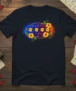 Hibiscus Music Design T-Shirt featuring yellow flowers, musical notes, and a blue/red watercolor background within a gold oval border