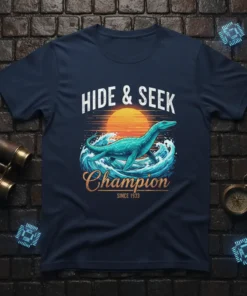 Hide & Seek Champion Since 1933 t-shirt featuring a blue plesiosaur swimming through waves with a sunset background