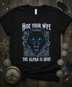 Black t-shirt with "Hide Your Wife The Alpha Is Here" text and a menacing blue-eyed black wolf graphic