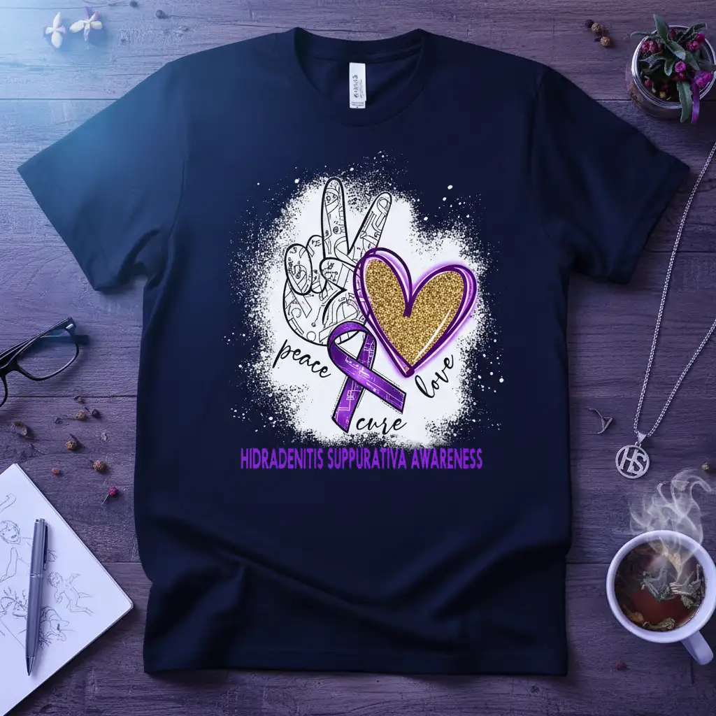 Hidradenitis Suppurativa Awareness Peace Love Cure graphic with purple ribbon and glitter heart