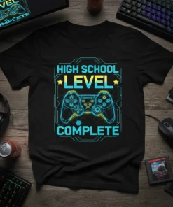 Black t-shirt with "High School Level Complete" text and a neon blue and yellow video game controller graphic
