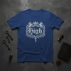 Gothic crest t-shirt design with the word "High." in distressed vintage font, flanked by griffins and a crown
