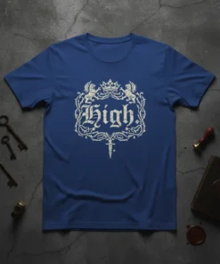 Gothic crest t-shirt design with the word "High." in distressed vintage font, flanked by griffins and a crown