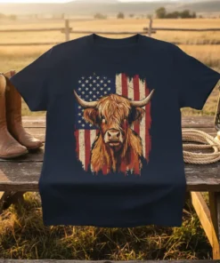 Highland Cow Flag eye-catching graphic design printed on comfortable cotton t-shirt