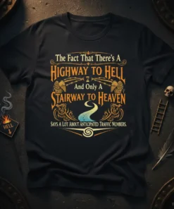 Black t-shirt with "The Fact That There's A HIGHWAY TO HELL And Only A STAIRWAY TO HEAVEN Says A Lot