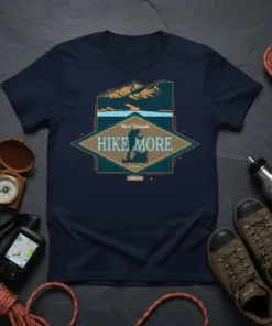 Hike More Mount Tamalpais California t-shirt design featuring a hiker silhouette and mountain landscape graphic