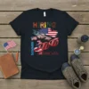 Hiking Summer Americans t-shirt design featuring the American flag, sunglasses, mountains, and text