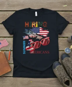 Hiking Summer Americans t-shirt design featuring the American flag, sunglasses, mountains, and text