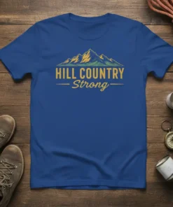 Royal blue t-shirt with "HILL COUNTRY Strong" text and mountain graphic, perfect for outdoor enthusiasts