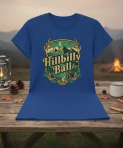 Hillbilly Ball t-shirt design with rustic cabin, mountains, antlers, and moon graphic