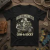 Hillbilly Motorcycle Cow-a-Socky text and graphic of a cow riding a motorcycle on a black t-shirt