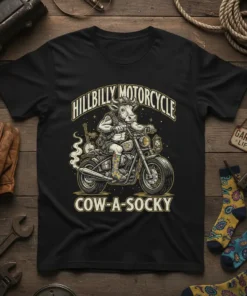 Hillbilly Motorcycle Cow-a-Socky text and graphic of a cow riding a motorcycle on a black t-shirt