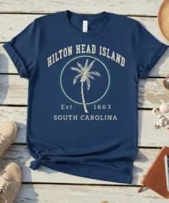 Hilton Head Island Est 1663 South Carolina t-shirt featuring a palm tree graphic and vintage text