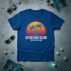 Hilton Head Island South Carolina text with palm trees and retro sunset graphic on a blue t-shirt