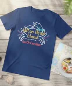 Hilton Head Island South Carolina text with a crab graphic and plaid background on a navy blue t-shirt