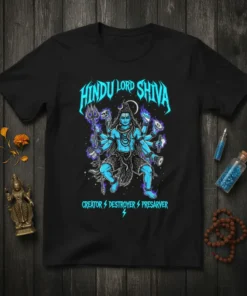 Hindu Lord Shiva Creator Destroyer Preserver graphic t-shirt in black with blue and purple design
