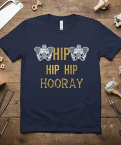 Navy blue t-shirt with "Hip Hip Hip Hooray" text and anatomical hip graphics in gold and white