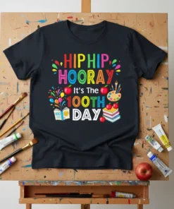 Hip Hip Hooray It's The 100th Day T-Shirt with colorful text, apples, books, and art supplies